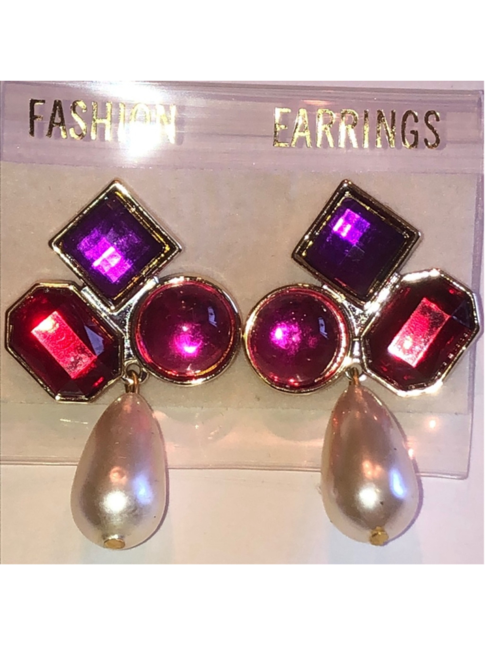 Vintage Pink and Purple Gem Drop Earrings with Faux Pearl Teardrops